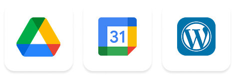 Icons of Google Drive, Google Calendar, and WordPress representing tools for business workflow and automation.